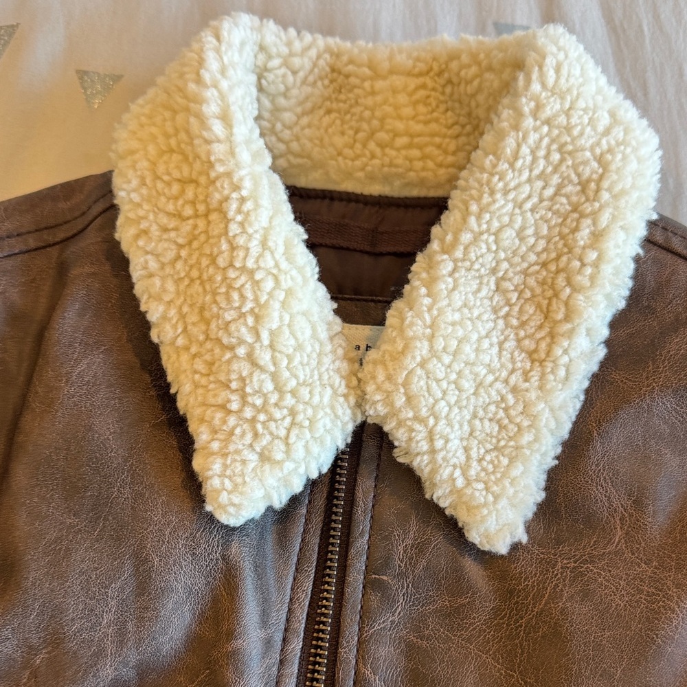 Kids Brown Faux Leather Jacket with off white Sherpa Collar - Picture 2 of 9